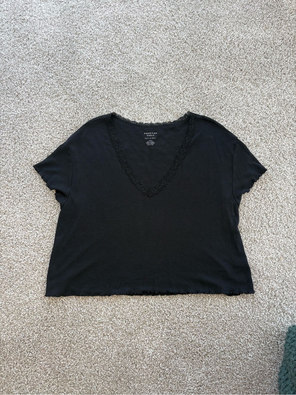 American Eagle Outfitters Black V-Neck Lace-Trim Crop Top